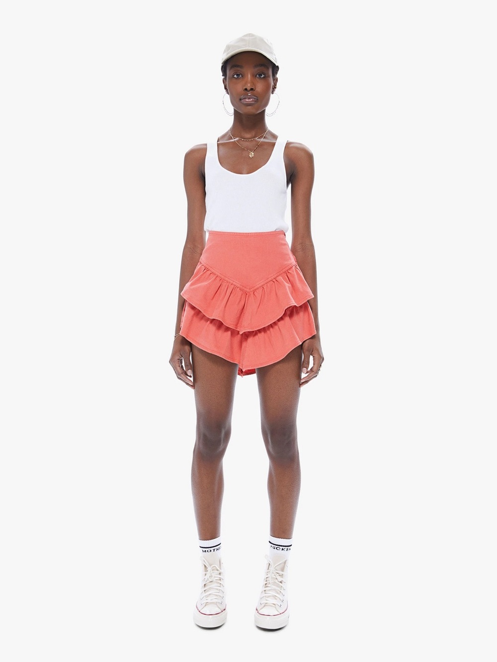 Mother The Ruffle Mini Skirt Hot Coral Tiered Ruffle High Rise Denim - Size 27